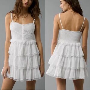 American Eagle White Tiered Ruffle Lace Mini Dress NWT M